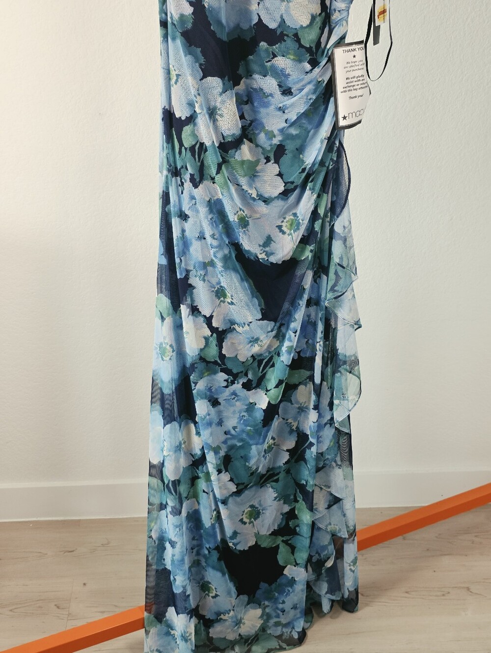 Betsy & Adam NWT Size 16 Blue Floral Chiffon Ruched Ruffle Maxi Gown Dress - Picture 4 of 12